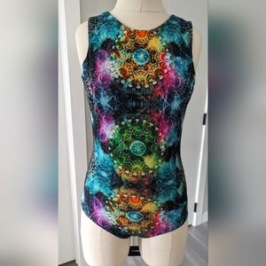 Psychedelic print bodysuit and fringe fluffies